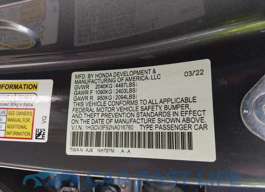 1HGCV3F92NA016760# 9