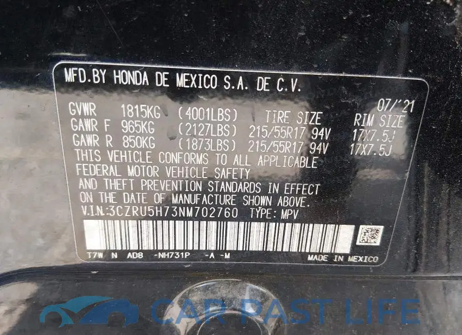 3CZRU5H73NM702760# 9