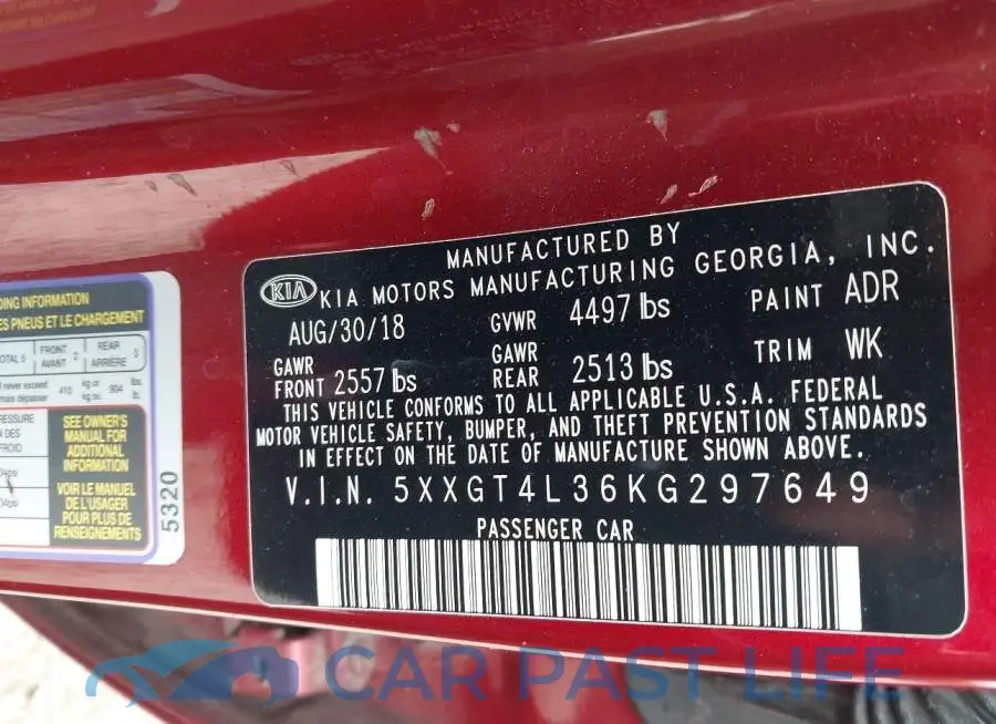 5XXGT4L36KG297649# 9
