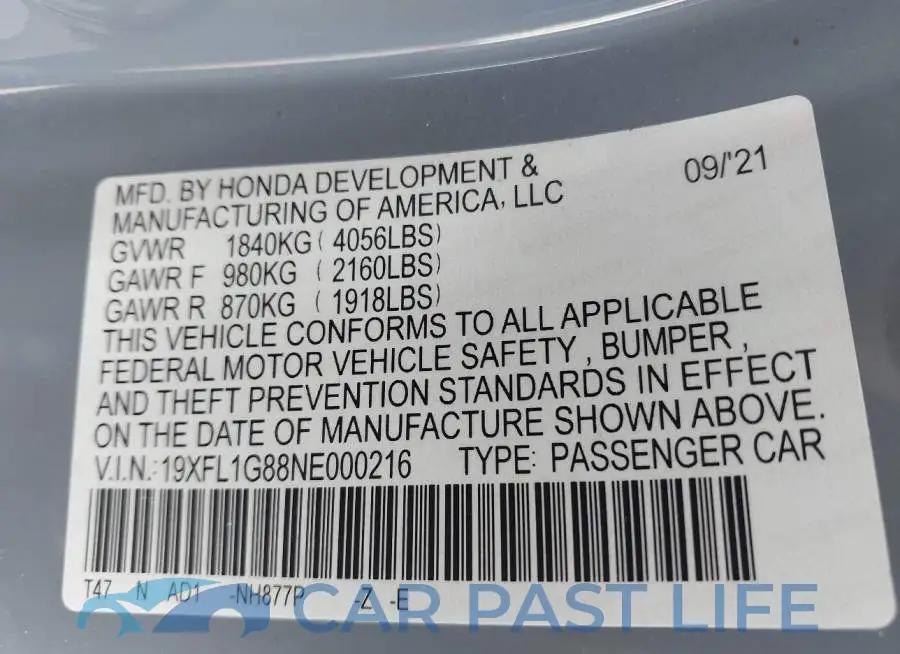 19XFL1G88NE000216# 9