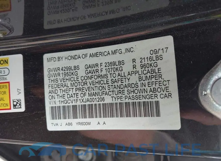 1HGCV1F1XJA001206# 9