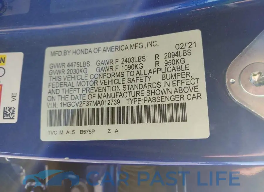 1HGCV2F37MA012739# 9