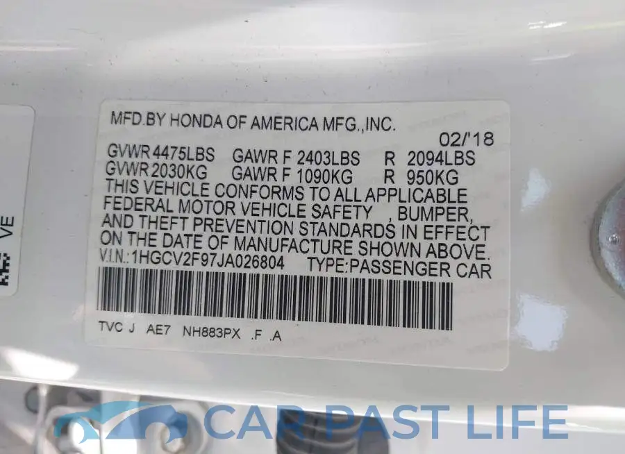 1HGCV2F97JA026804# 9