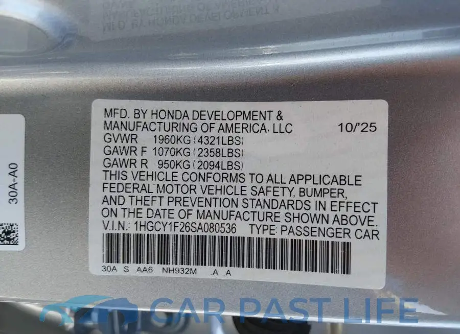1HGCY1F26SA080536# 9