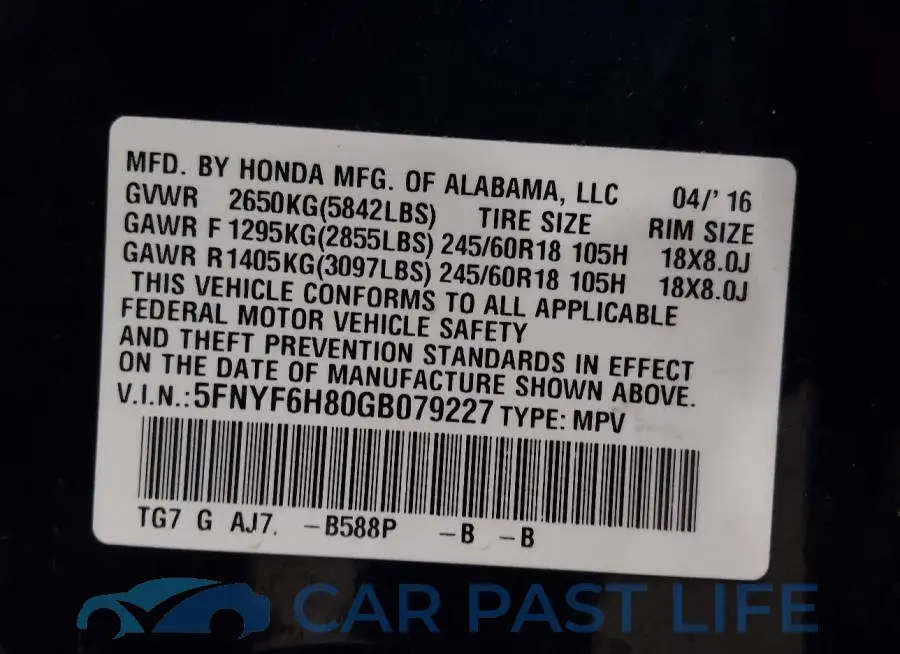 5FNYF6H80GB079227# 9