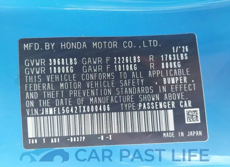 JHMFL5G42TX000406# 9