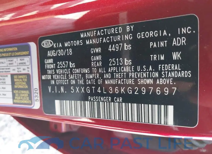 5XXGT4L36KG297697# 9