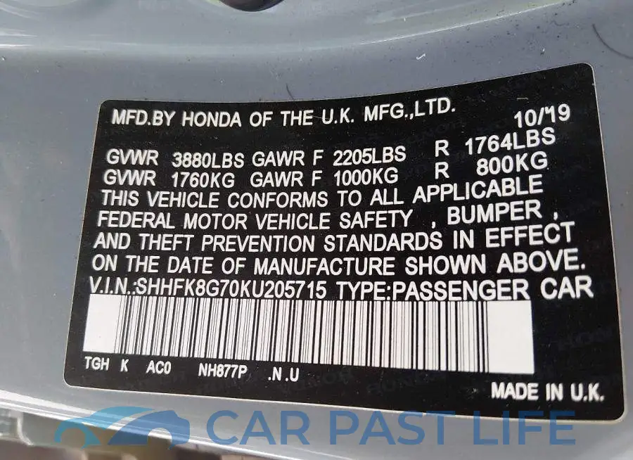 SHHFK8G70KU205715# 9