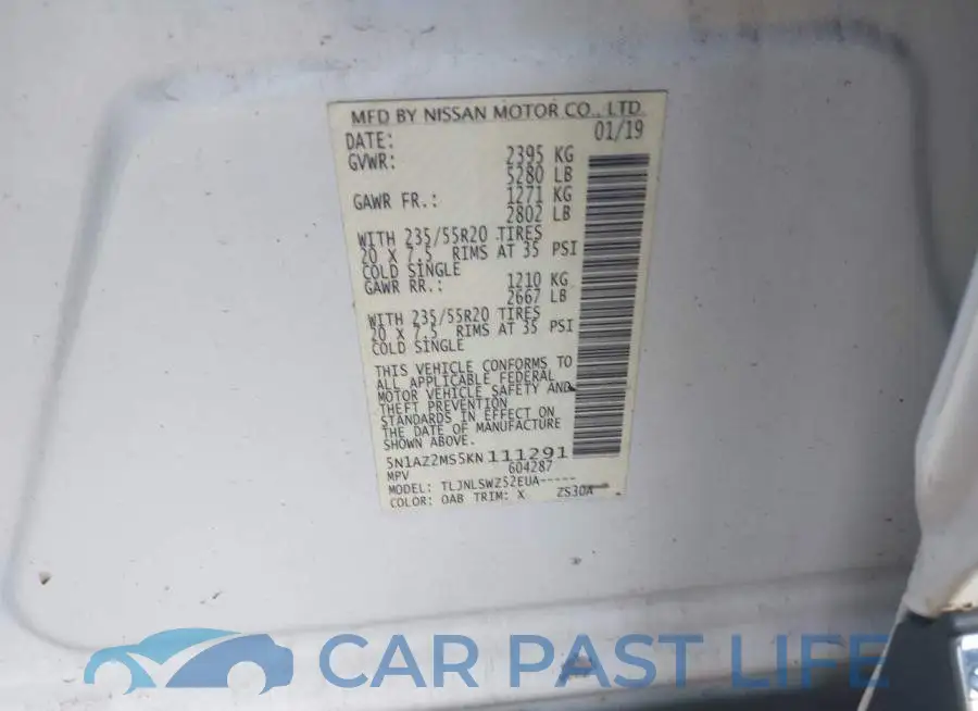 5N1AZ2MS5KN111291# 9