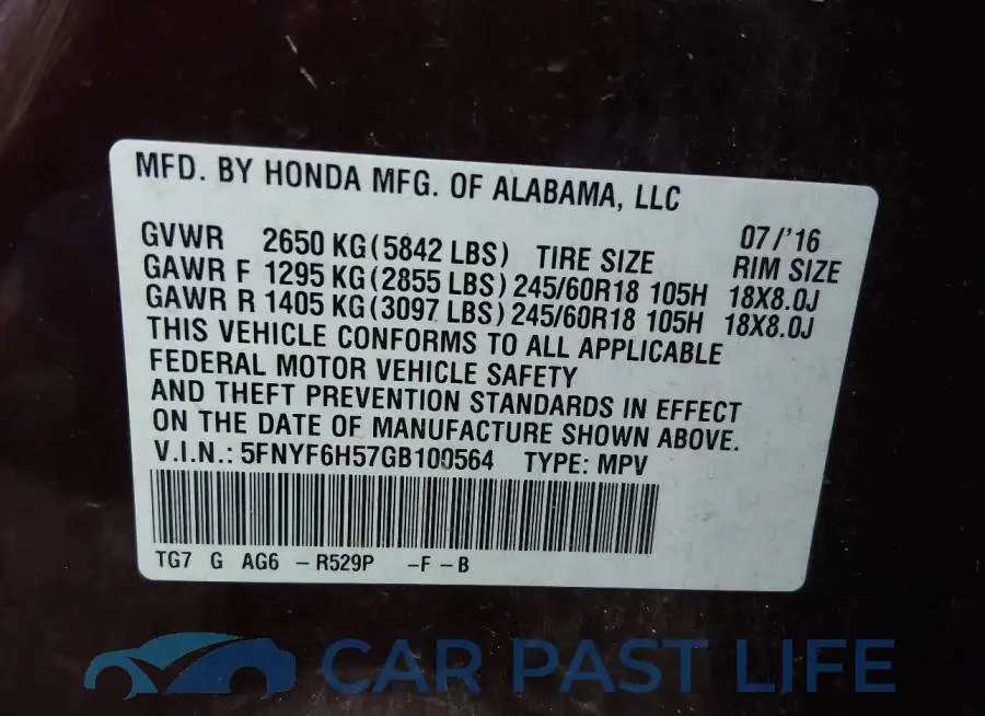 5FNYF6H57GB100564# 9