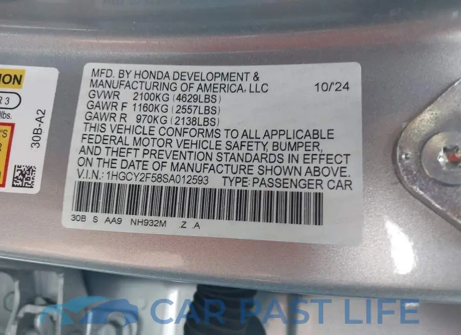 1HGCY2F58SA012593# 9