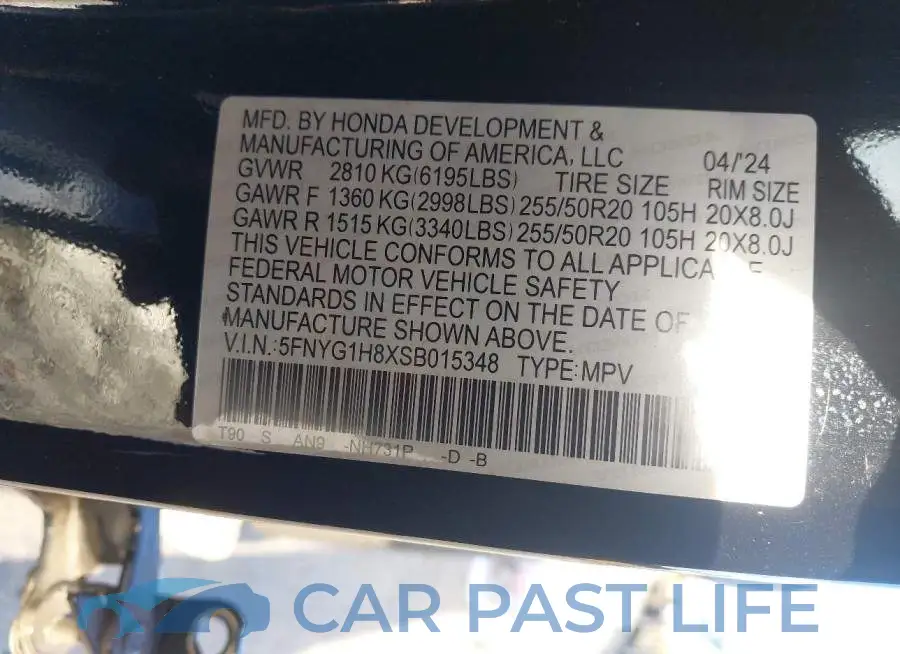 5FNYG1H8XSB015348# 9