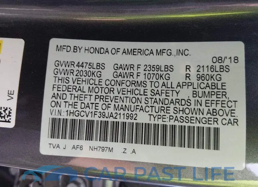 1HGCV1F39JA211992# 9