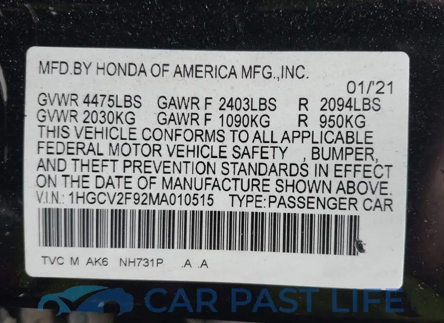 1HGCV2F92MA010515# 9