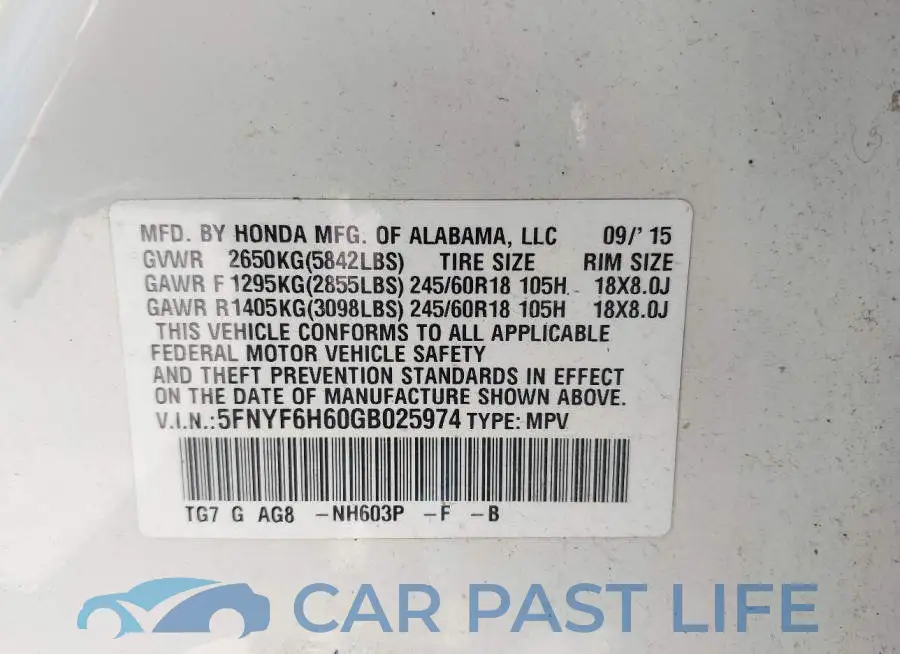 5FNYF6H60GB025974# 9