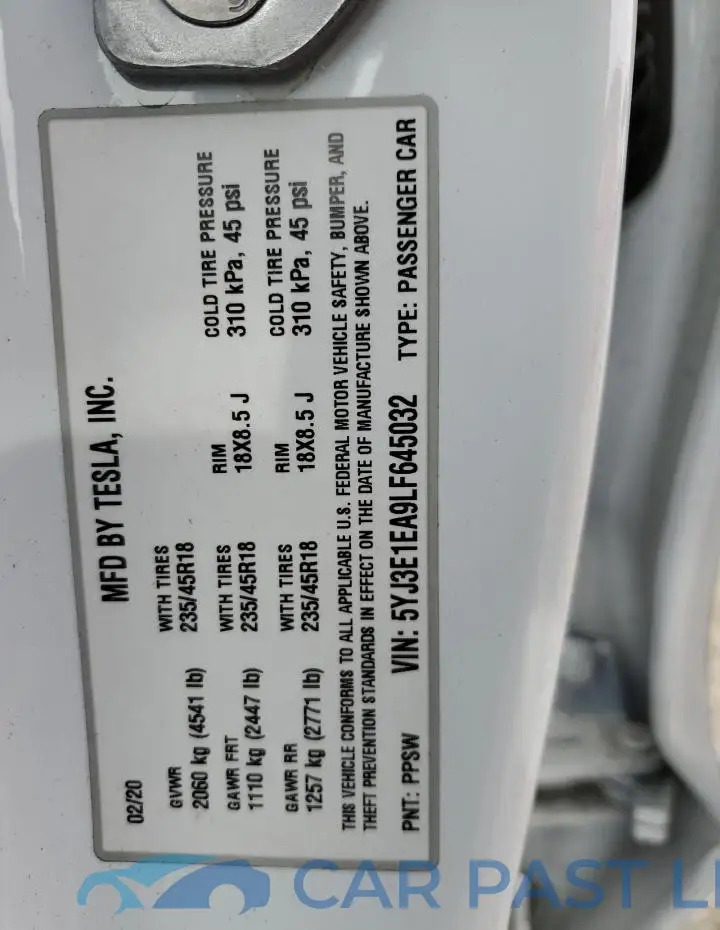 5YJ3E1EA9LF645032# 12