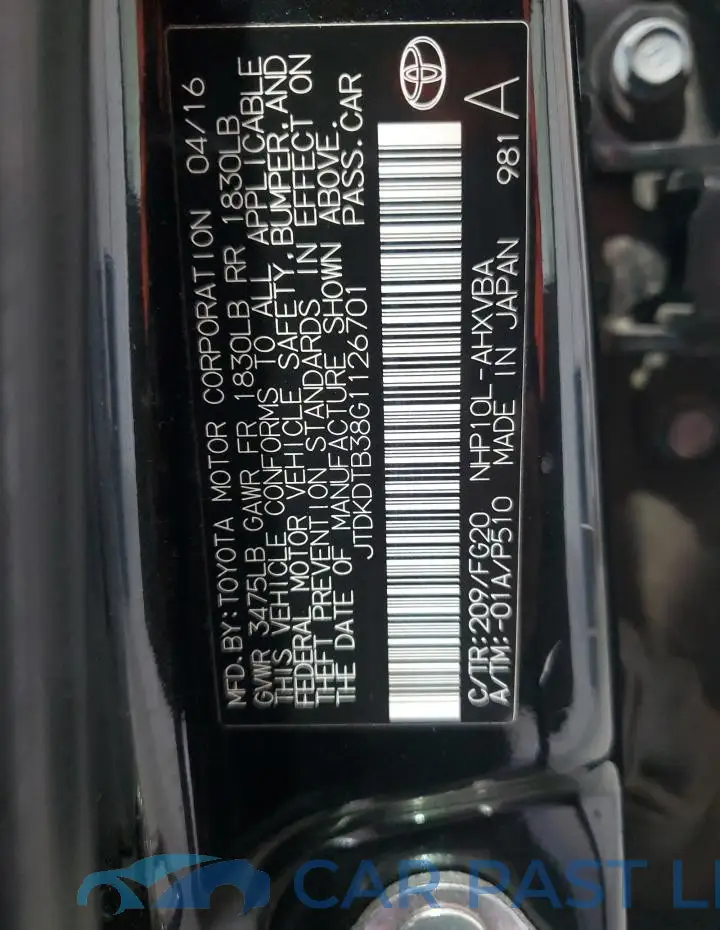 JTDKDTB38G1126701# 12