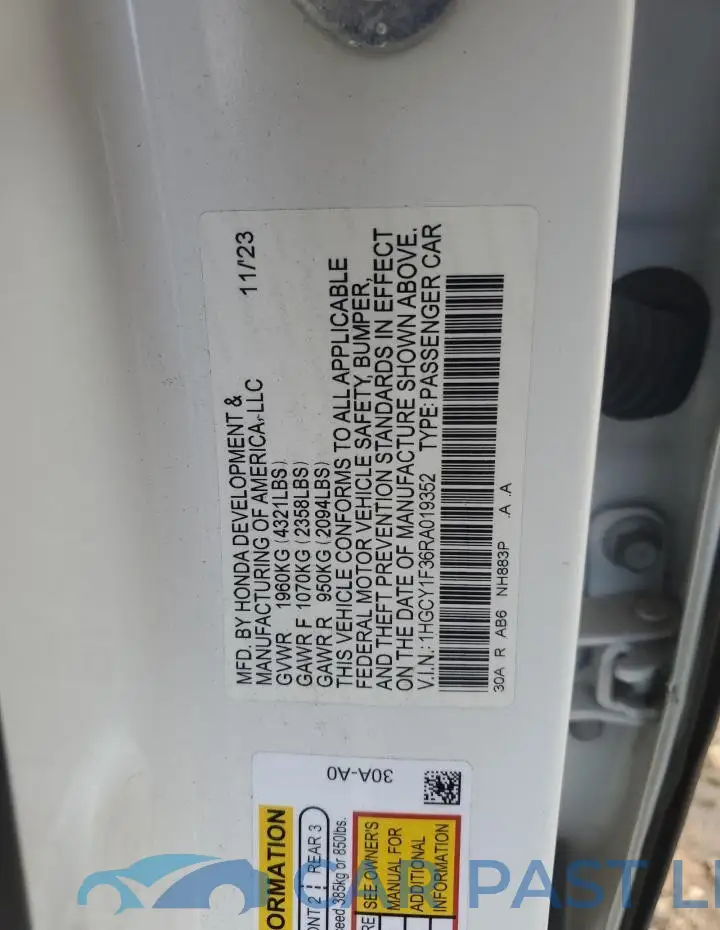 1HGCY1F36RA019352# 12