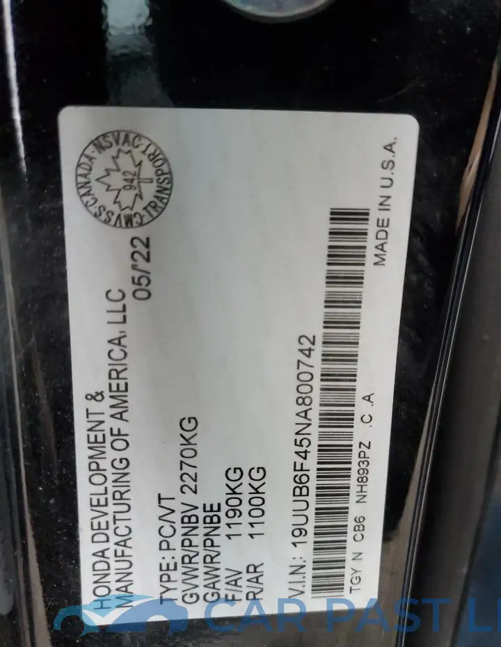 19UUB6F45NA800742# 12