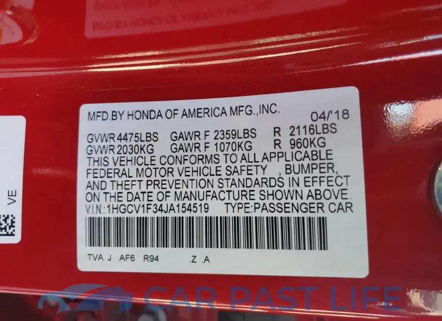 1HGCV1F34JA154519# 12
