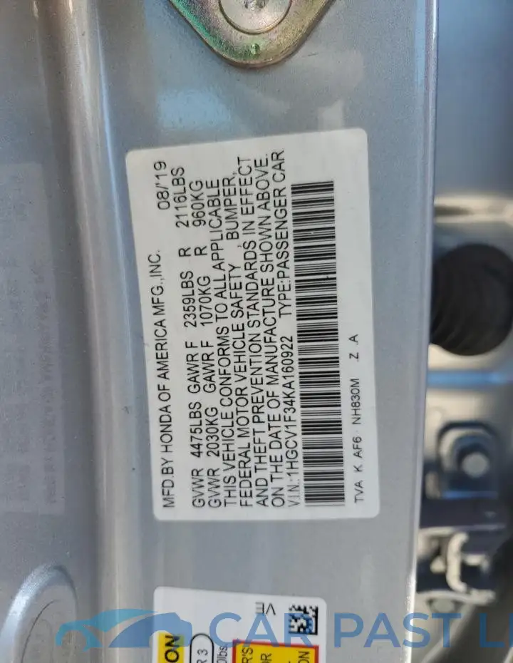 1HGCV1F34KA160922# 12