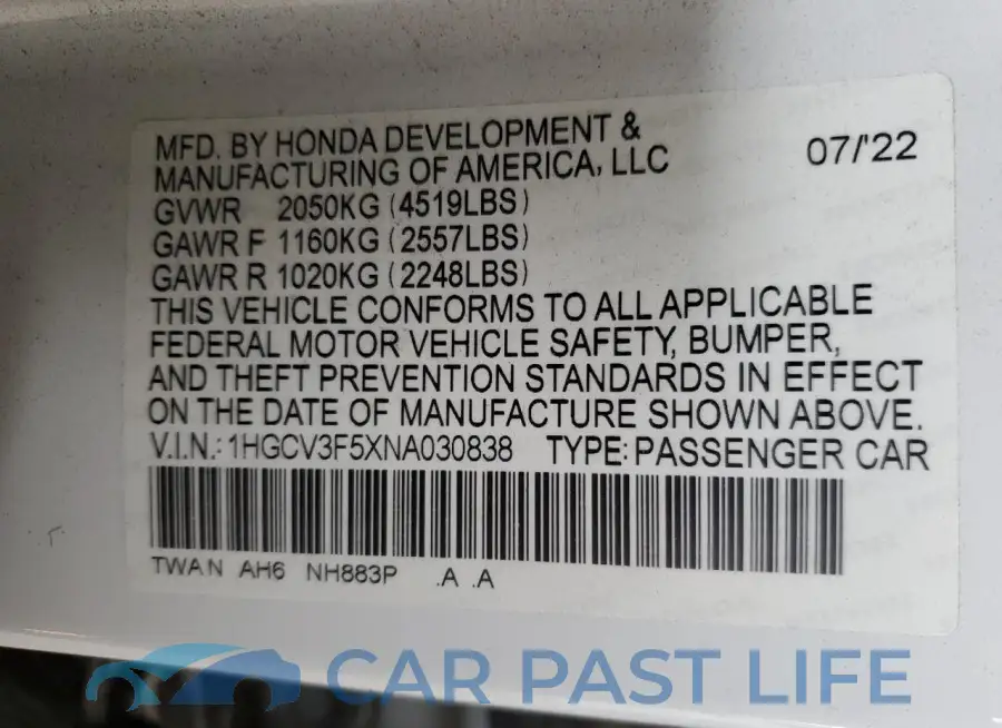 1HGCV3F5XNA030838# 13