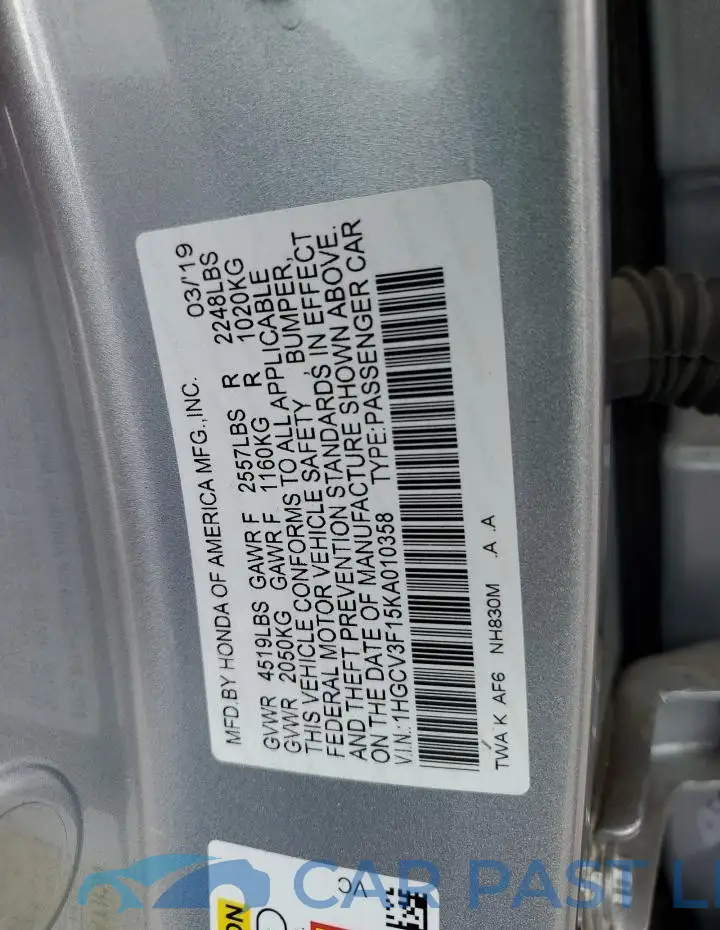 1HGCV3F15KA010358# 12