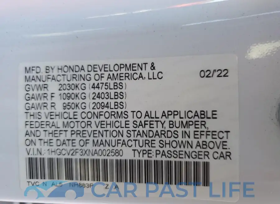1HGCV2F3XNA002580# 13