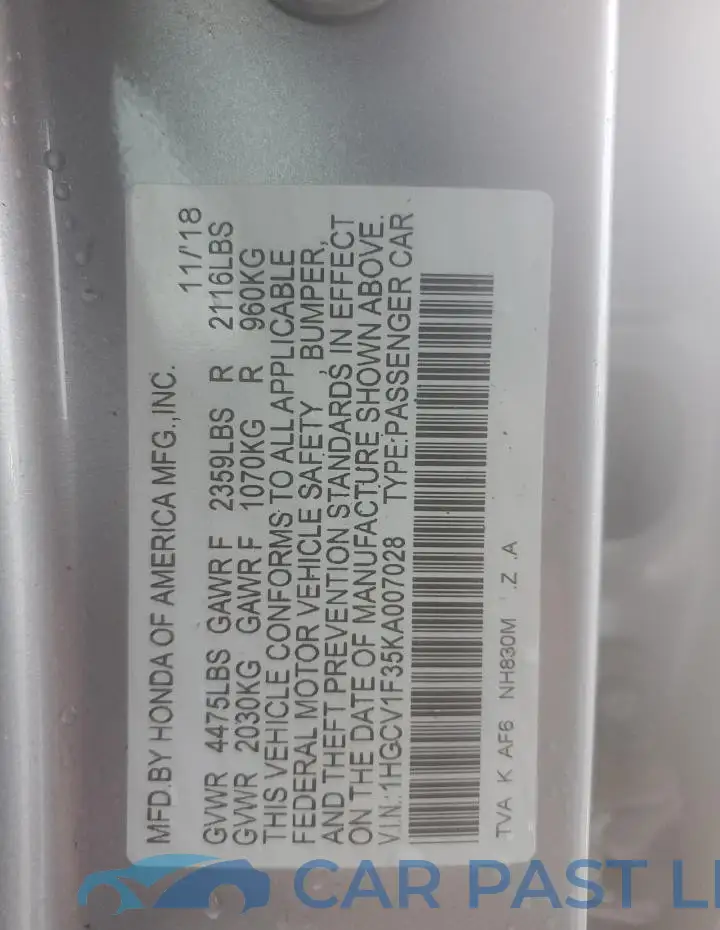 1HGCV1F35KA007028# 12