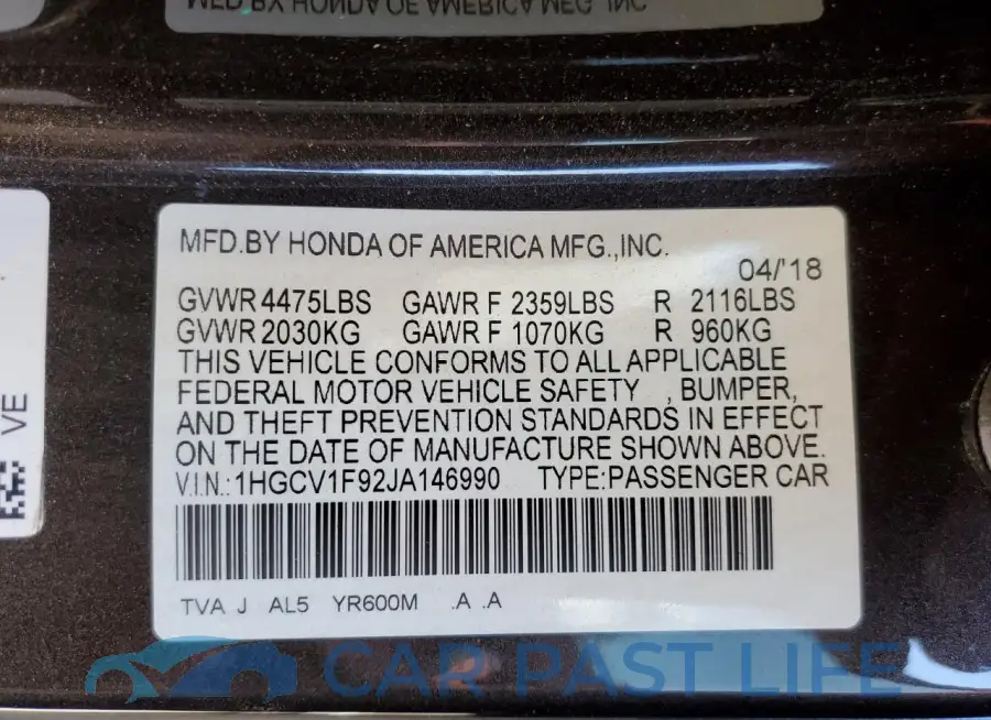 1HGCV1F92JA146990# 12