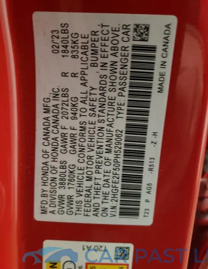 2HGFE2F50PH529062# 12