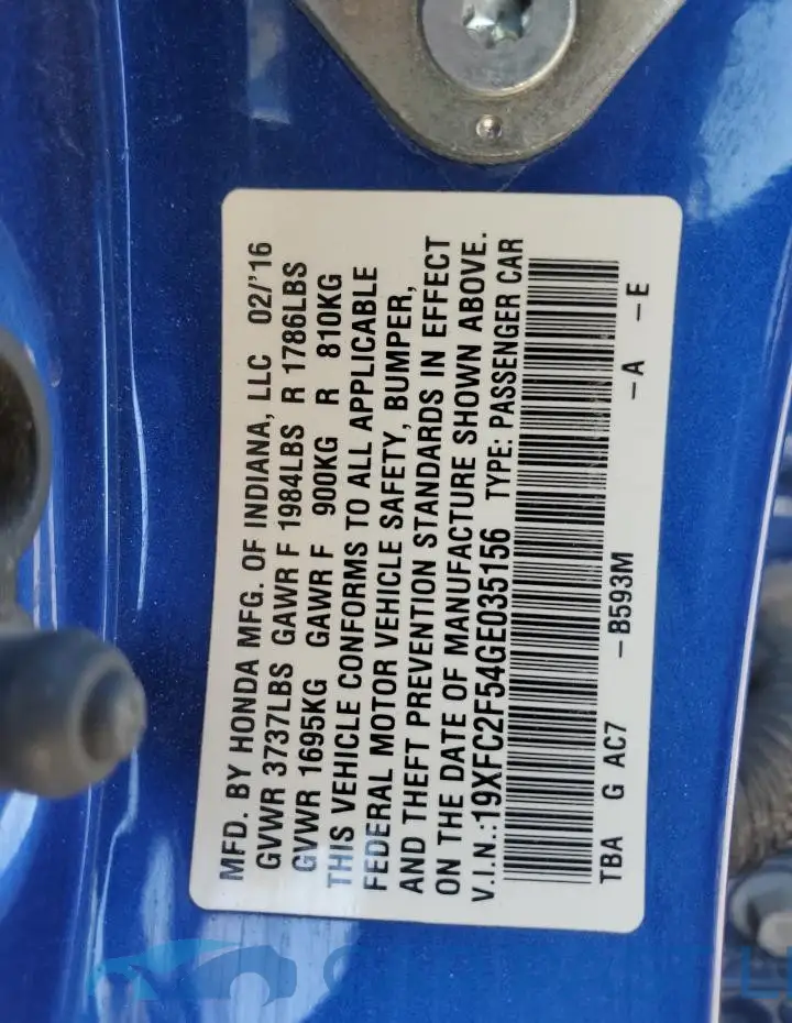 19XFC2F54GE035156# 12