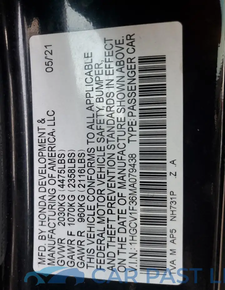 1HGCV1F36MA079438# 12