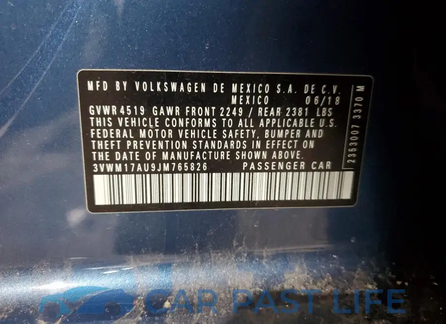 3VWM17AU9JM765826# 12