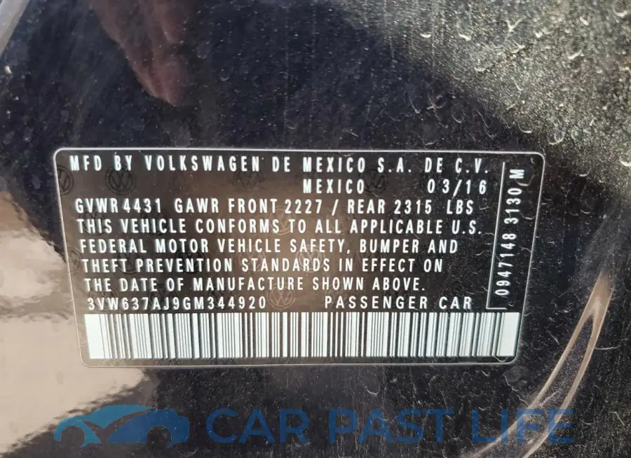 3VW637AJ9GM344920# 12