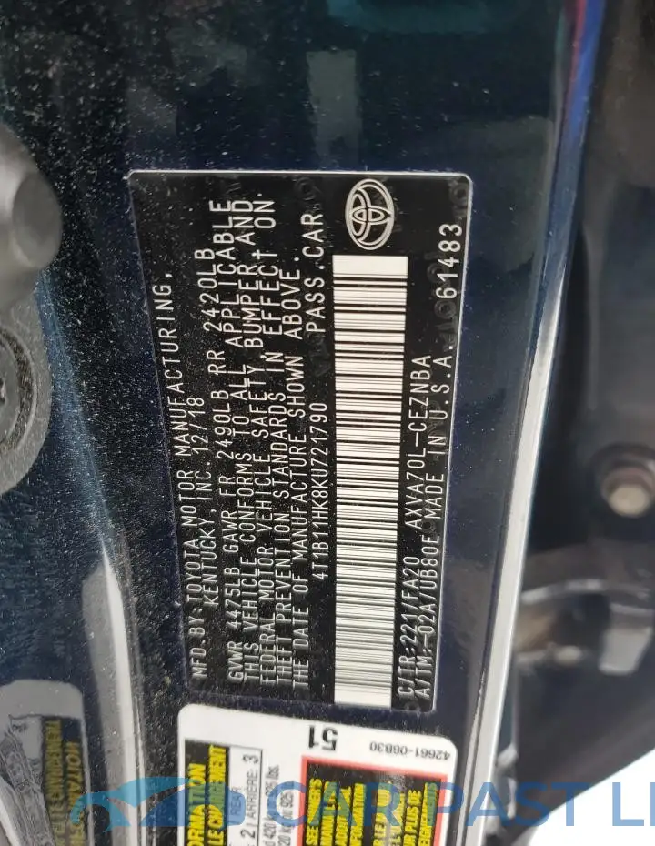 4T1B11HK8KU721790# 12