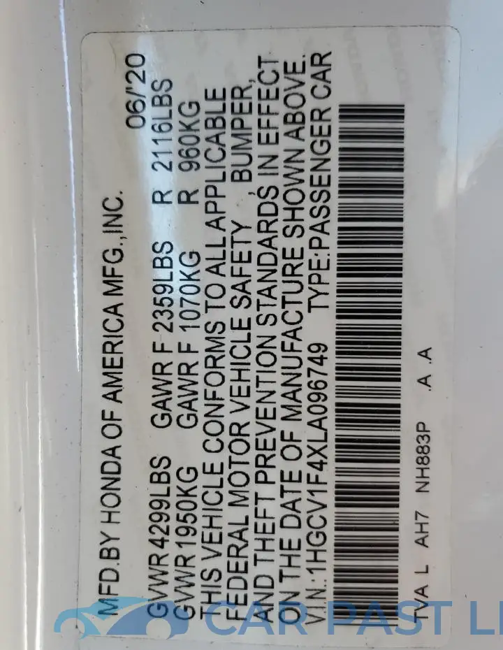 1HGCV1F4XLA096749# 12