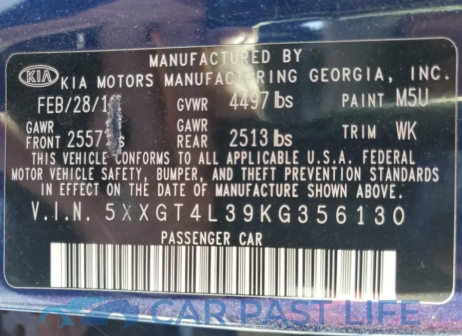 5XXGT4L39KG356130# 12