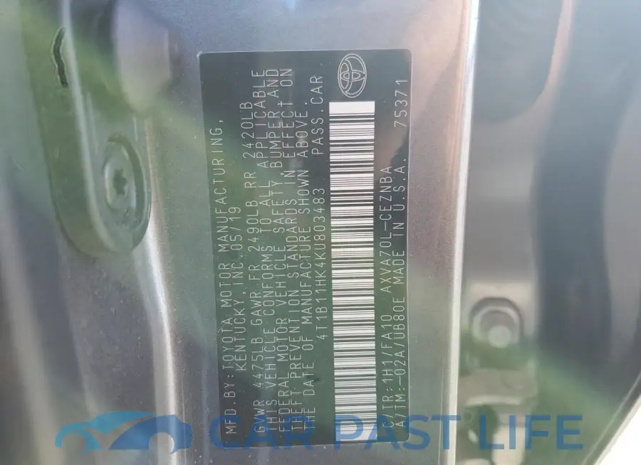 4T1B11HK4KU803483# 12