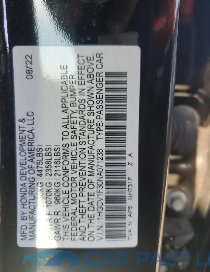 1HGCV1F30NA071238# 12