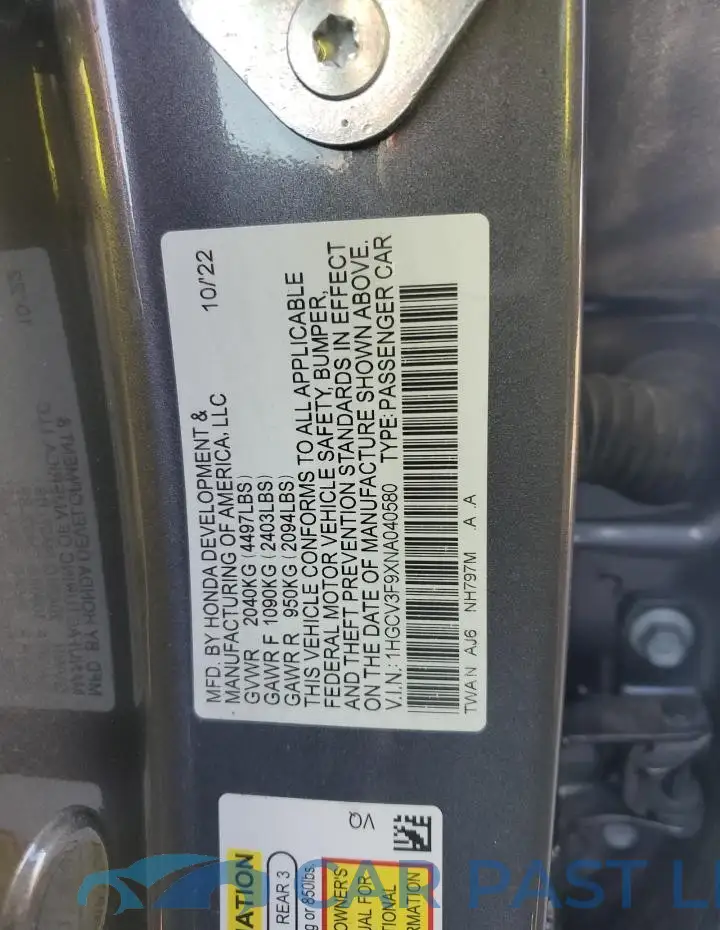 1HGCV3F9XNA040580# 12