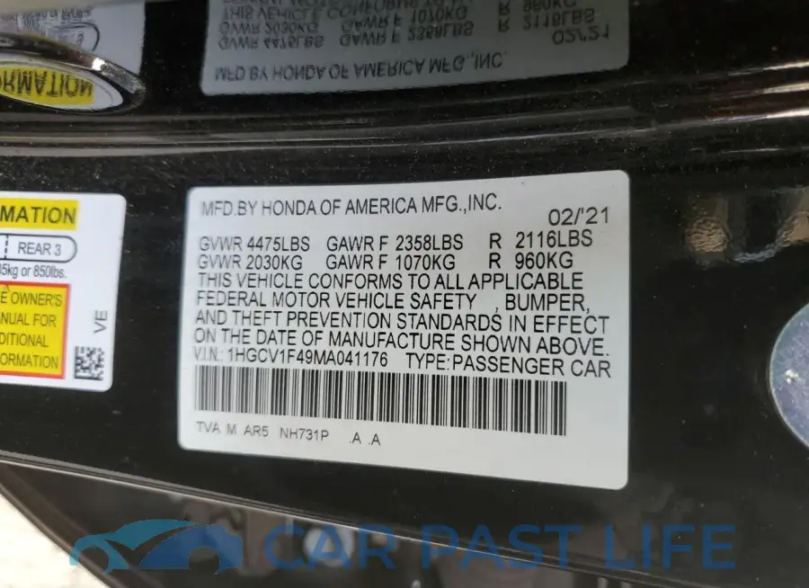1HGCV1F49MA041176# 13