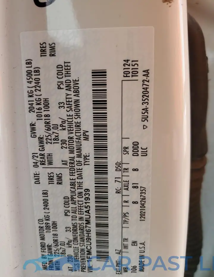 1FMCU9H67MUA51939# 13