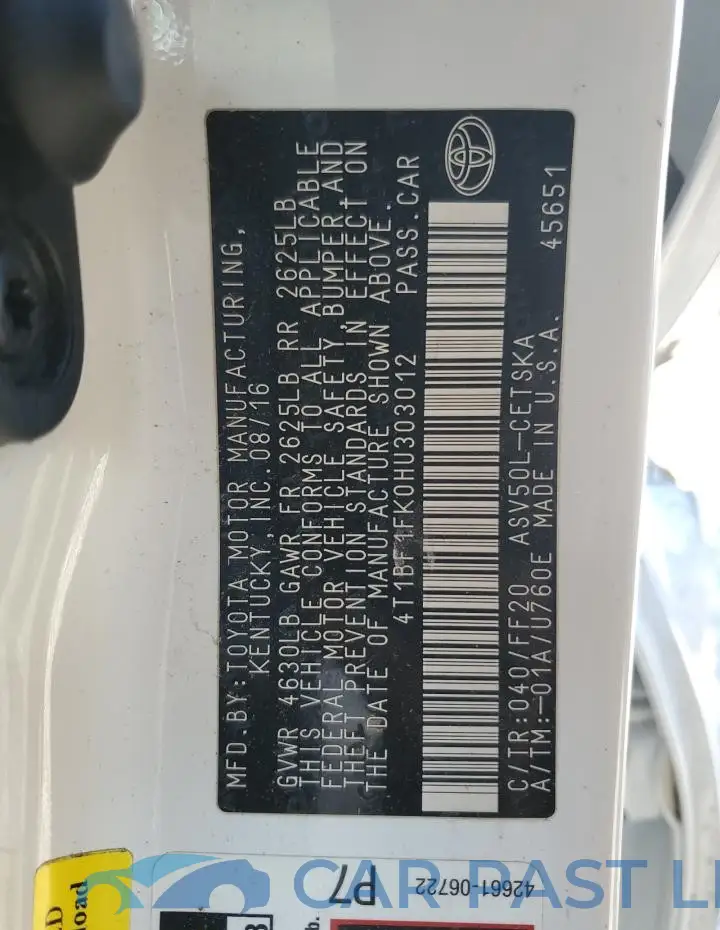 4T1BF1FK0HU303012# 13