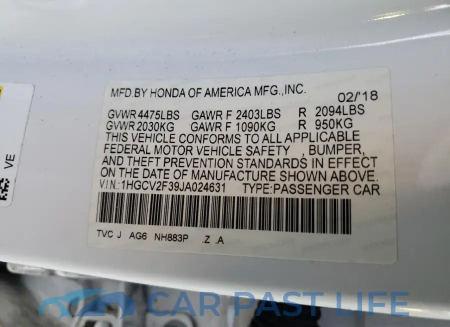 1HGCV2F39JA024631# 12