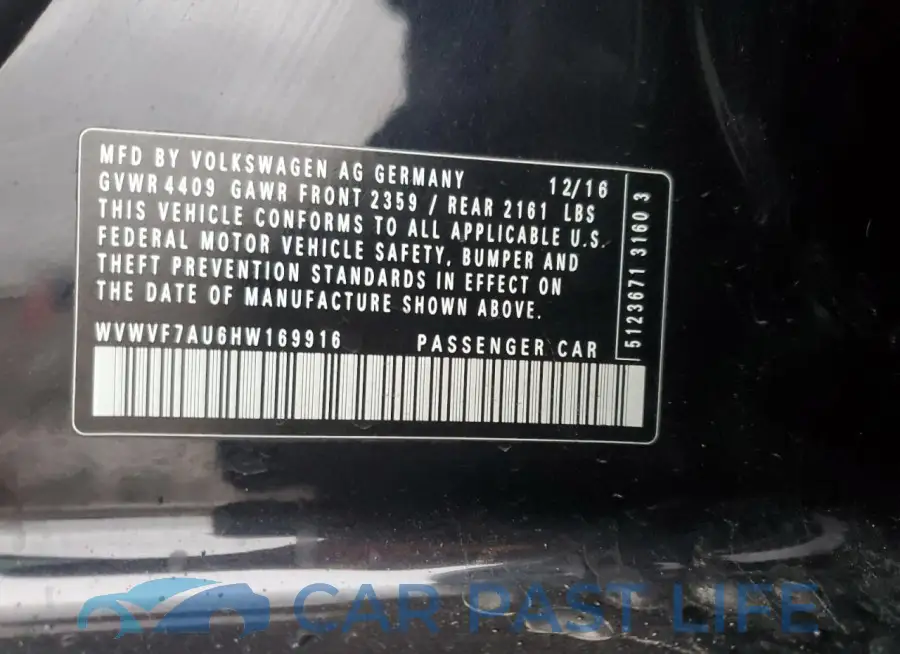 WVWVF7AU6HW169916# 12
