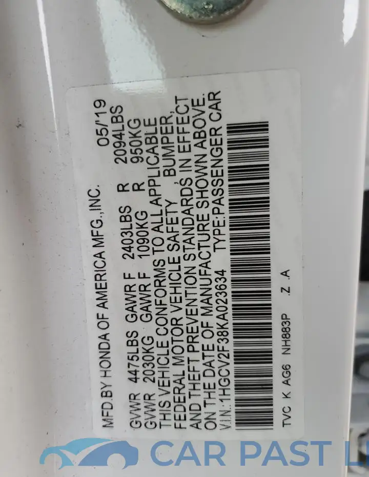 1HGCV2F38KA023634# 12