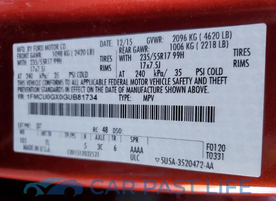 1FMCU0GX0GUB81734# 12