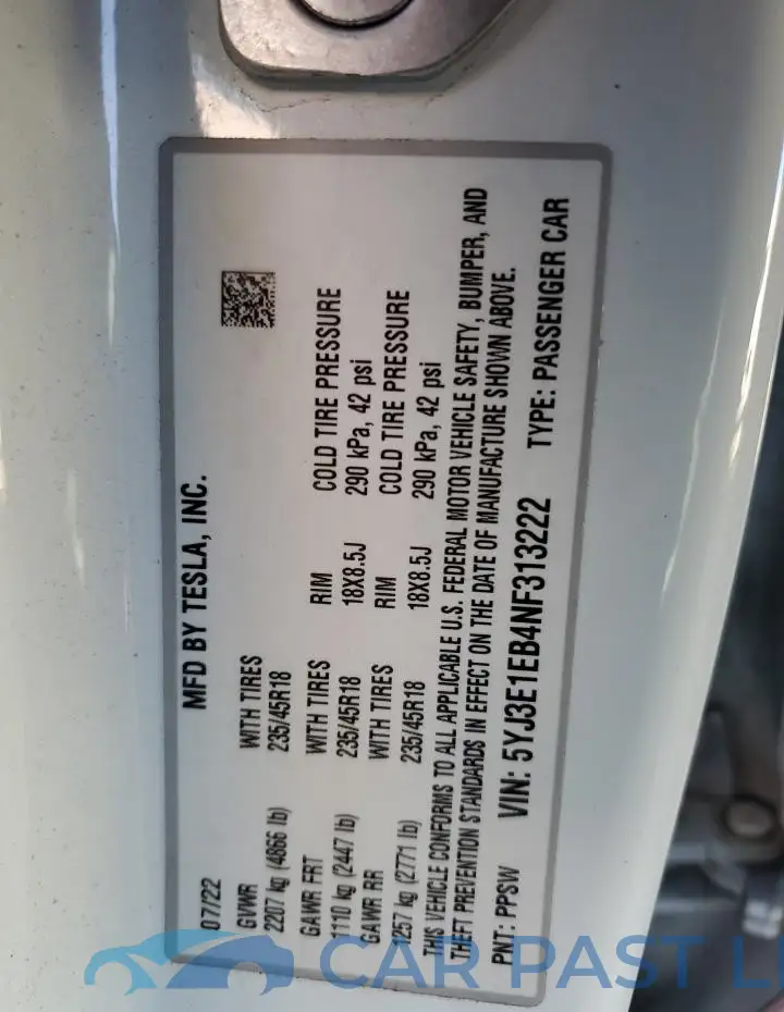 5YJ3E1EB4NF313222# 12