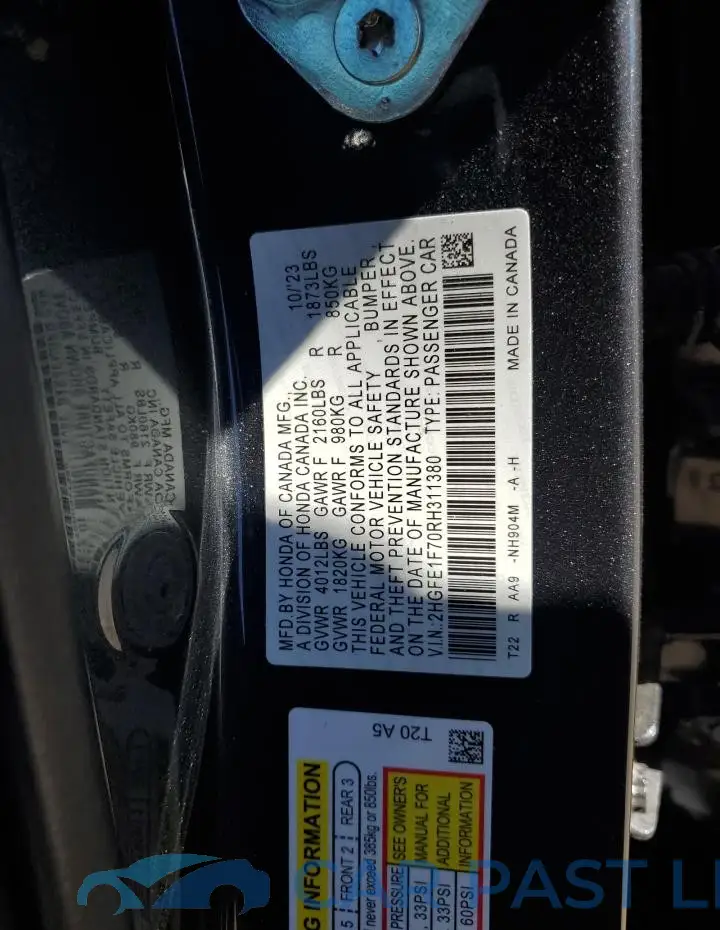 2HGFE1F70RH311380# 12